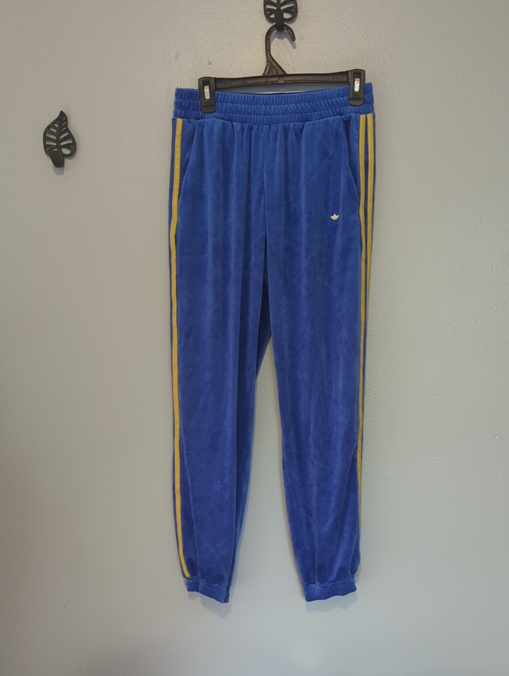 ADIDAS Primegreen Embossed Velvet Track Pants Three Stripe Blue and Gold Small S
